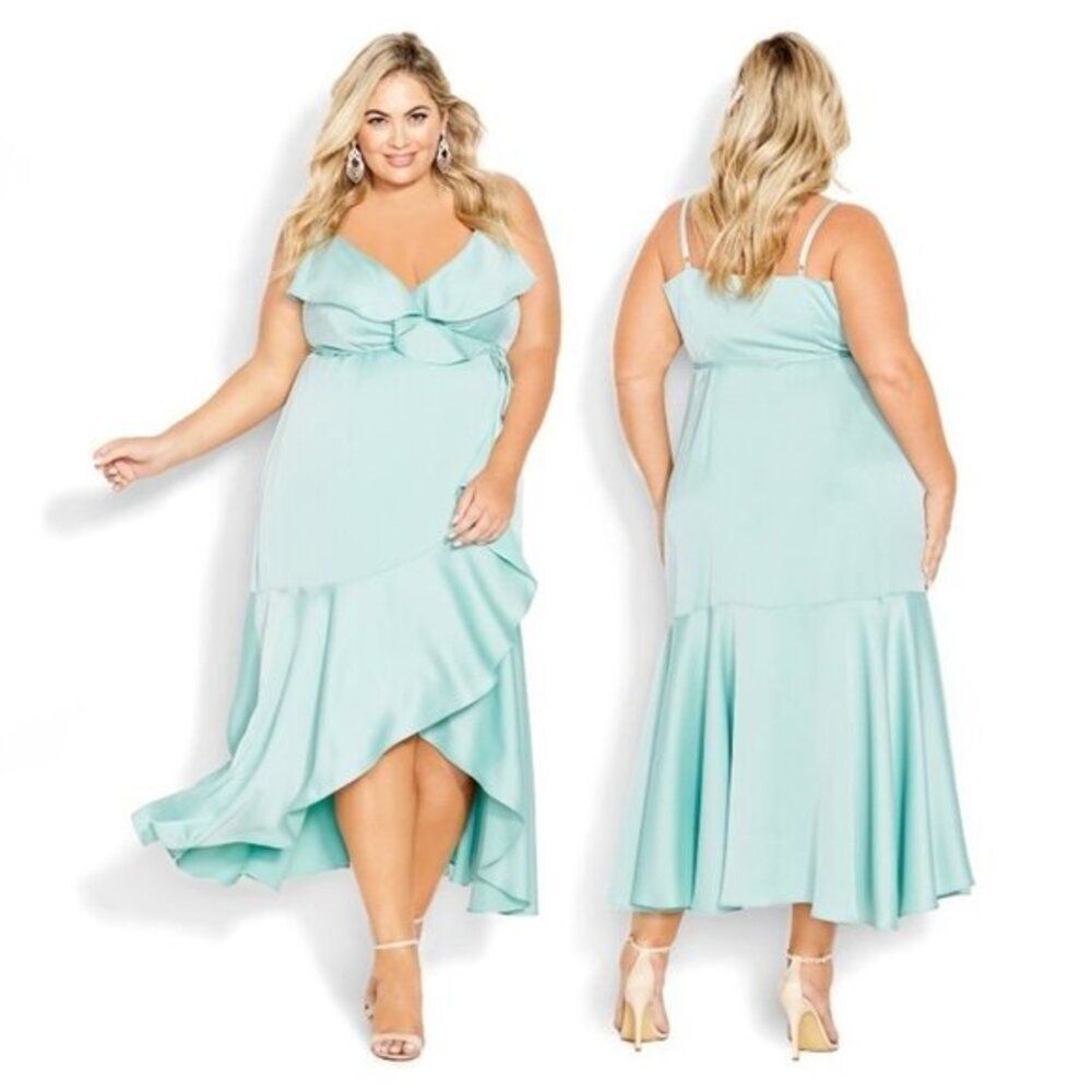 City Chic Women's Ruffled Hi Lo Elegant Satin Maxi‎ Dress Size 14 Blue Green